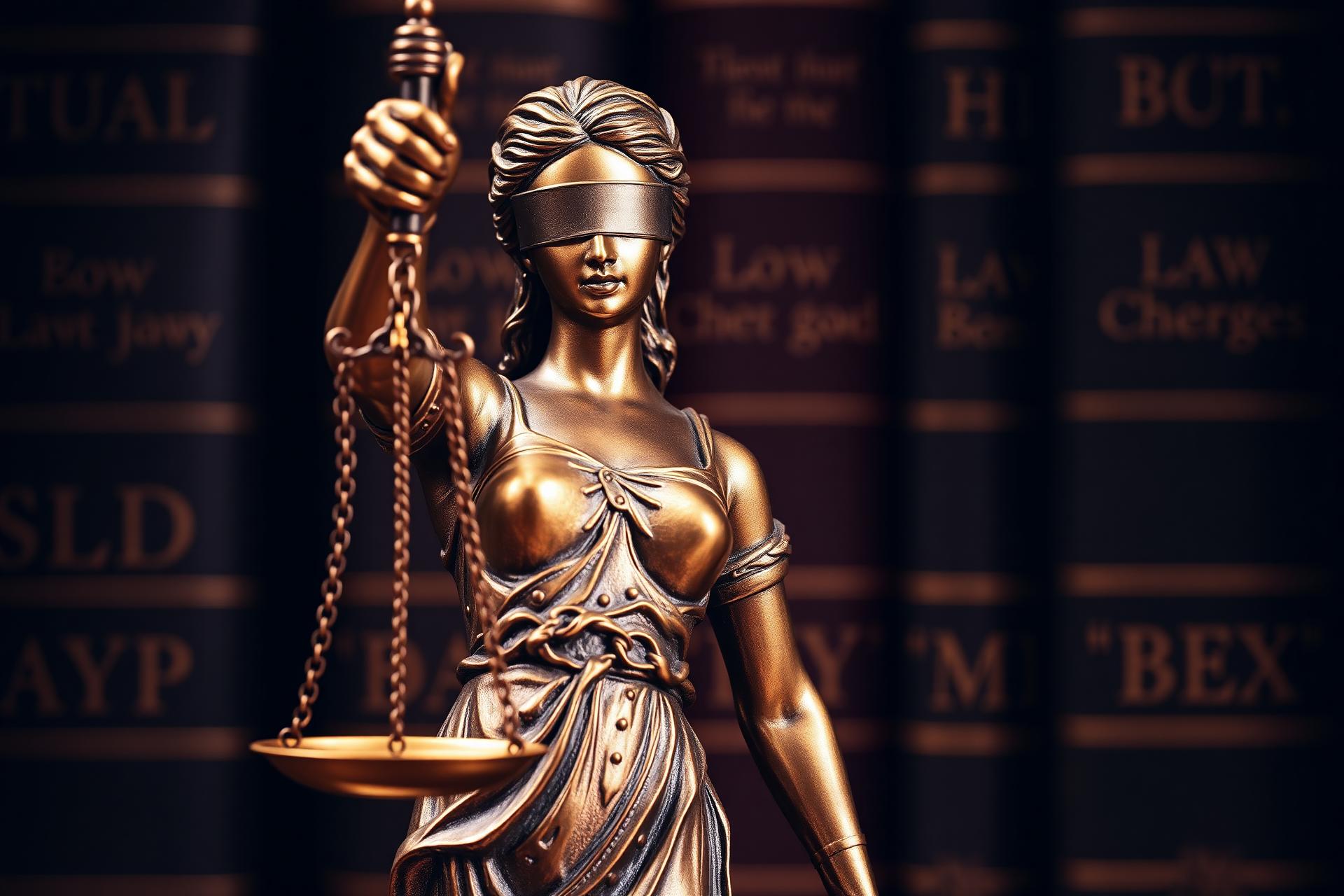 Lady Justice statue holding scales in front of law books